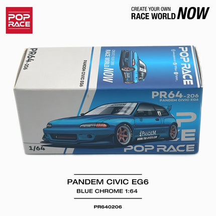 In Stock Pop Race PR640206 1:64 Honda Civic EG6 Pandem Widebody Kit Blue Chrome Diecast Model Car