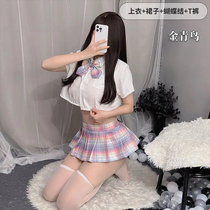 Sexy Pleated Skirt Lingerie Set Women's Passionate JK Uniform Cute Student Short Skirt Roleplay Costume Polyester Fabric
