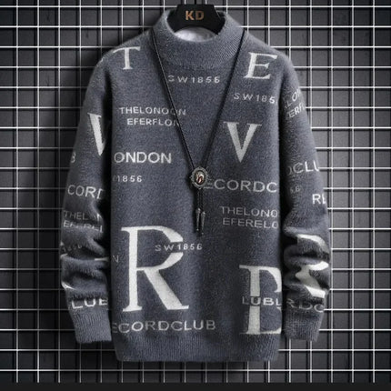 Men's Autumn Winter Fleece Lined Knitted Half High Collar Sweater Letter Pattern Thick Warm Casual Wear for All Seasons