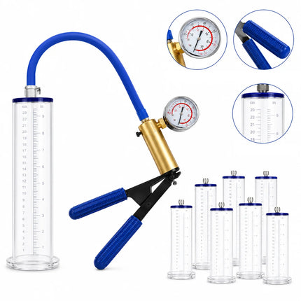 Sex Toys Vacuum Pump Trainer with Clear Acrylic Measuring Cylinder Blue Hose Metal Pressure Gauge and Manual Air Control Handle