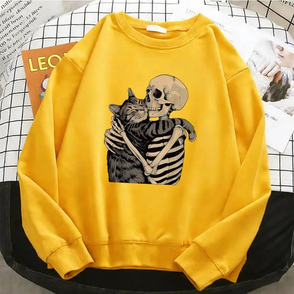 Vintage High Quality Retro Skull with Cat Womens Hoodies Warm Fleece Sweatshirt Soft O-Neck Pullover Casual Female Clothes