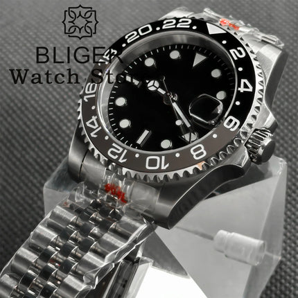 BLIGER 40mm 515 24H GMT Men's Watch Stainless Steel Clasp Luminous Quartz Movement Ceramic Bezel Sapphire Glass 10Bar Waterproof