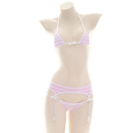 Sexy Lingerie Lolita Kawaii Blue Pink White Striped Mini Bikini Adult Cosplay Erotic Costumes Bra Women Underwear Set