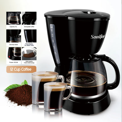 1.5L Electric Drip Coffee Maker 800W Household Coffee Machine 15 Cup Tea Coffee Pot Milk Coffee Maker for Gift 220V Sonifer
