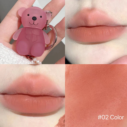 Cute Bear Velvet Lip Mud Keychain Matte Nude Red Lip Gloss Autumn Winter Non-stick Cup Lipstick Waterproof Lasting Lips Makeup
