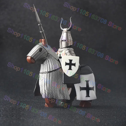 MOC Medieval Military Crusader Knight Building Blocks Castle Army Soldier Figure Horse Mount Shield Sword Accessories Bricks Toy