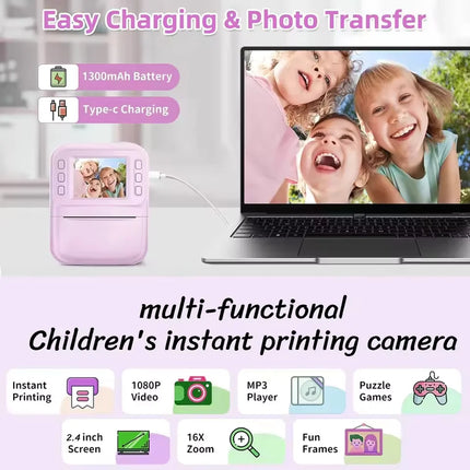 Print Camera Kids Instant Camera 1080P Thermal Print Digital Camera Supports SD Card Print Photo Video Games Music Children Gift