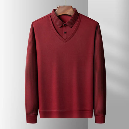 Men's Casual Fashion Long Sleeve Solid Color Polo Shirt 2025 Business Versatile Top All Season Fake Two-Piece