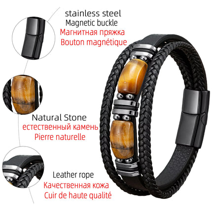New Natural Tiger Eye Stone Men's Wristband Bracelet Hand-woven Multi-Layer Braided Leather Bangles Stainless Steel Jewelry