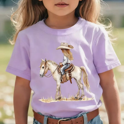 Girl Clothes Cow Girl Riding Horse 3D Print T-Shirt Western Festival Casual Top Summer Short Sleeve Outdoor Children's Clothing