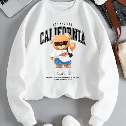 Autumn Winter Women's Pullover California Letter Trend Bear Printing Hoodie Loose Crewneck Warm Fleece Sweatshirt Streetwear
