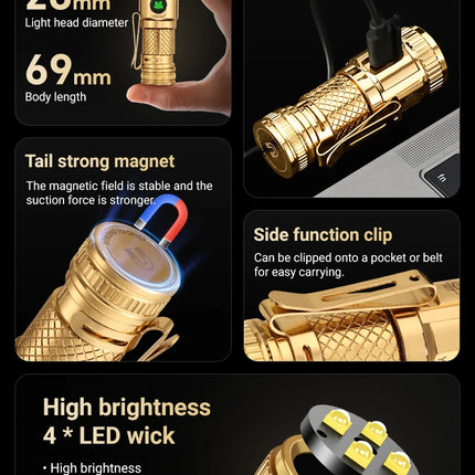 1200lm Mini Flashlight EDC Torch with 4* LEDs and Red Flash Aux LED Copper Metal Pen Flashlight with Magnetic Base Emergency
