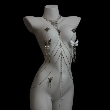 Sexy Butterfly Nipple Clips Body Chains Collar-Integrated Set Paired with Butt Plugs Vaginal Clamps Body Restraints Sex Toys