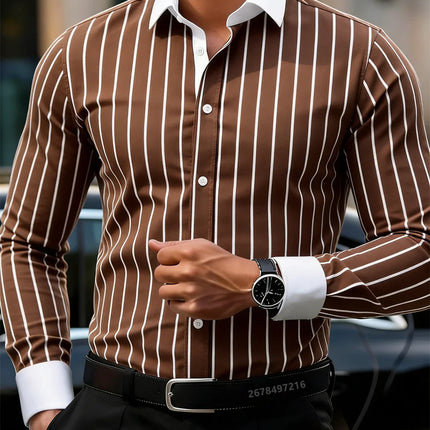 Men's Business Casual Striped Long-Sleeved Shirt, Stylish Design with Lapel and Contrasting Color Splicing, Men's Casual Top