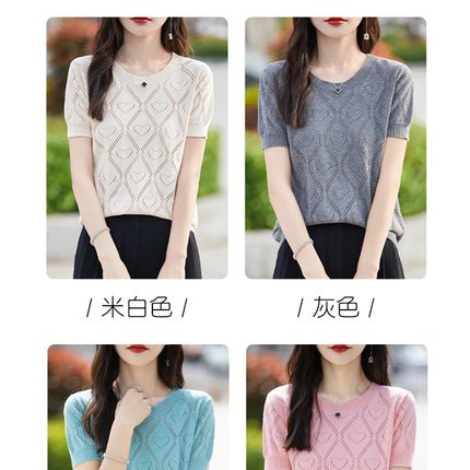 New Summer Fashion 100% Pure Cotton Women's Sweater Short sleeved Casual O-neck Pullover T-shirt Loose Knitted Hollow Top