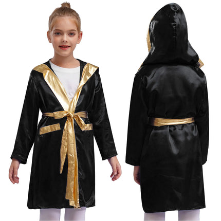 Boys Girls Halloween Carnival Boxer Cosplay Costume Boxing Robe Outfit Long Sleeve Satin Pugilism Hooded Cloak with Belt Shorts