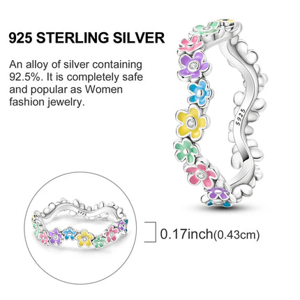 Original 925 Sterling Silver Rings Colorful Oil Drip Flower Rings For Women Girls Jewelry Birthday Anniversary Gifts