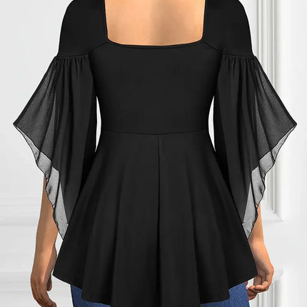 Plus Size Elegant Chiffon Blouse for Women Halloween Chic Lace-Up V-Neck Blouse Solid Color Flutter Sleeves Blouse Tops