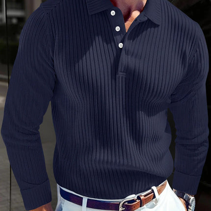 New Light Luxury Light Business Mature Casual Men Sports Retro Style Striped Fashion Men Outdoor Long Sleeve POLO Shirt