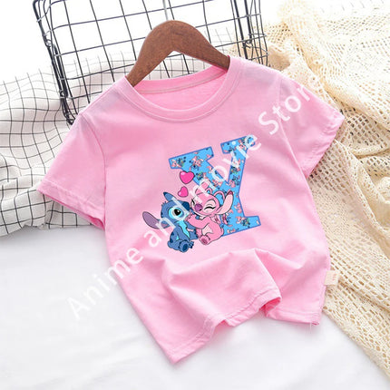 Stitch Disney T Shirt for Girls Children Clothes Tops Children's Clothing Letter A-Z Cotton Short Sleeve Summer Child Cute Gifts