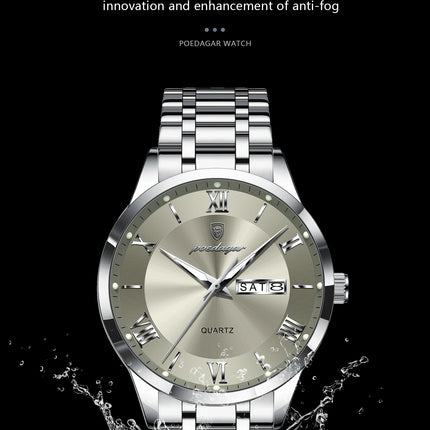 POEDAGAR Luxury Fashion Men Clock Waterproof Luminous Date Week Man Wristwatch Sports Stainless Steel Quartz Men's Watches Reloj