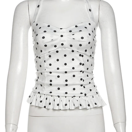 Weird Puss Polka Dot Print Top Women Halter Low-Neck Bandage Ruffles Backless Sleeveless Skinny Summer Trend Street Basic Vest