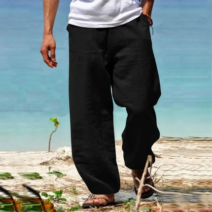 2026 Men's Linen Cotton Straight Tube Breathable Lightweight Beach Style Comfortable Casual Pants for Spring and Summer