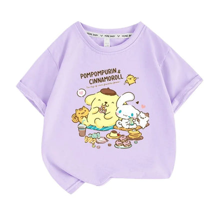 Sanrio Summer Baby Girls 100% Cotton Clothes Kid Children Boys Pompompurin Printed T-shirts Cartoon Short Sleeve Top Outfits