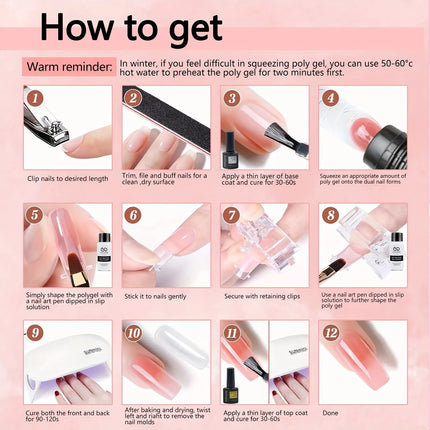 Poly Gel Nail Kit Starter with 4 Colors (Natural Clear + 3 Tones) - Quick Dry Nail Polish, / Curable DIY Gel Nail Polish for