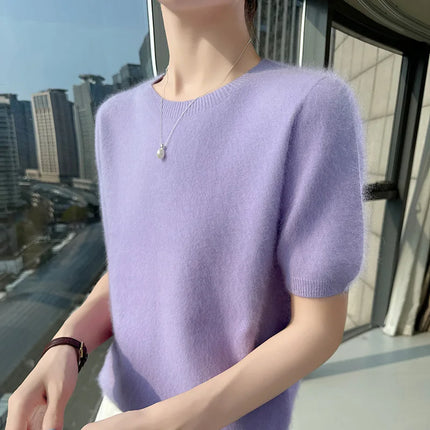 New Knitted Women's 100% mink cashmere short sleeved sweater T-shirt Simple and versatile Women's O-neck pullover FRSEUCAG brand