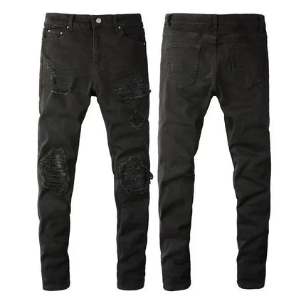High Street 2025 Korean Luxury Clothing Brand Black Jeans Men's Scratched Patch Beggar Cowboy Elastic Slim Small Foot Pants