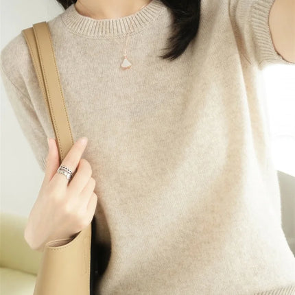 Summer New Women's Knitted Short Sleeve T-shirt Thin Wool Cashmere Short Sleeve Loose Fit Round Neck Top Outerwear Straight Cut