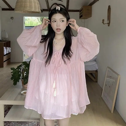 Korean Version V-neck Long Sleeved Shirt for Women's Spring 2024 New Loose Medium Long Sun Protection Shirt Top Two-piece Set