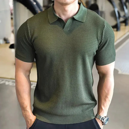 Summer Thin Knitted Polo Shirt Casual Short Sleeve Men's Loose Fit Top Vintage Wave Texture Loose Comfortable Summer Wear
