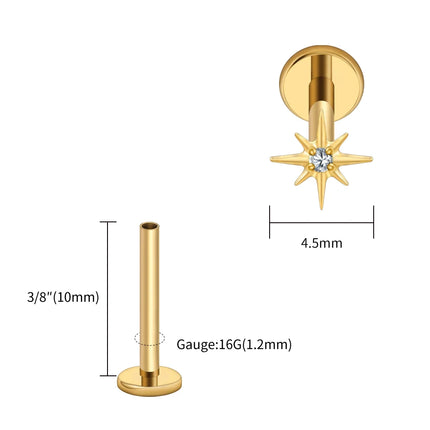 Right Grand ASTM F136 Titanium CZ North Star Flat Back Earring 16G Tiny Starburst Helix Cartilage Stud Earlobe Piercing Jewelry