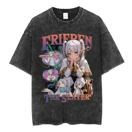 Anime Frieren: Beyond Journey's End Graphic Washed Vintage T-shirt Men's Women Fashion Short Sleeve Cotton Casual Loose T Shirts