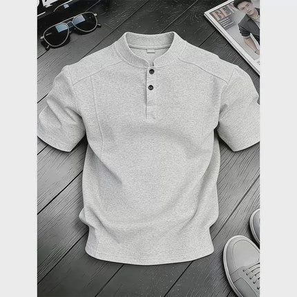 White Henry Collar  Shirt Men's Summer Splice Design Short Sleeve Cleanfit Heavyweight Half Sleeve Business Casual T-Shirt
