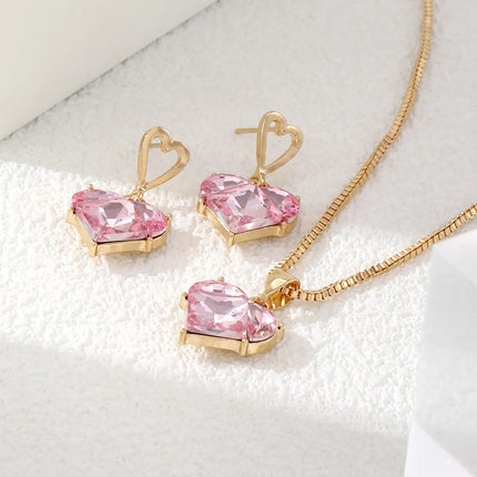Y2K Heart Jewelry Set 3pcs Pink Crystal Zircon Pendant Earrings Necklace for Women Elegant Gift