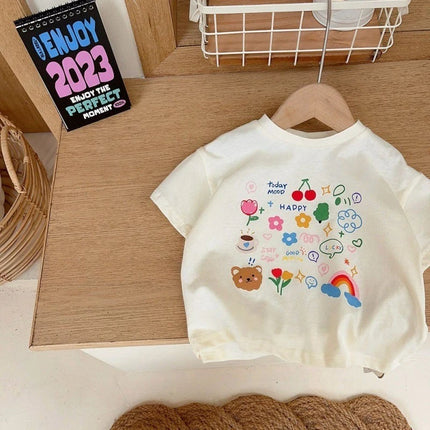 Summer Trendy Children Boy Girl Top Clothes Cute Cartoon Bear Short Sleeved T-Shirt Kids Letter Loose Tees Cotton Casual Tops