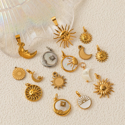 1Pc Stainless Steel Star Sun Moon Series DIY Pendant, Plated with 18K Gold for Color Preserving, Women's Jewelry Gift