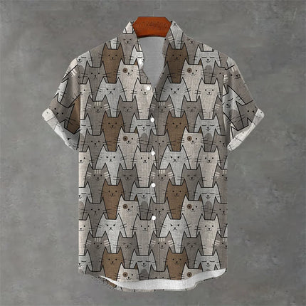 Men's New Short-Sleeved Shirt, Cartoon Cat Print, Hawaiian Style Casual Vacation Lapel Top, Wrinkle-Resistant and Non-Iron.