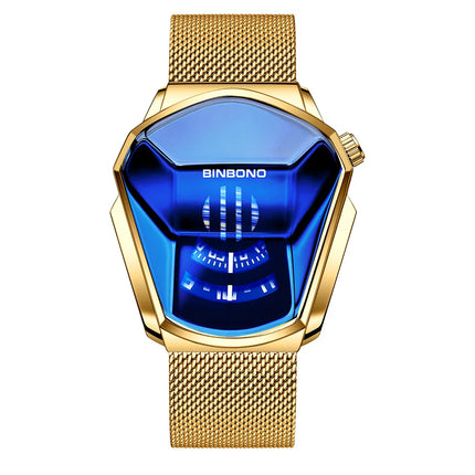 BINBOND Men Popular Fashion Motorcycle Concept Quartz Watch Luminous Steel Band Mesh Watch Touch Screen Black Technology Watch