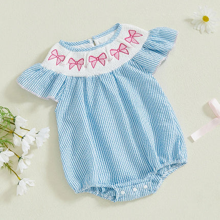 Newborn Baby Girl Clothes Short Sleeve Smocked Bow Print Embroidery Romper Stripe Bodysuit Summer Outfits 0-18M