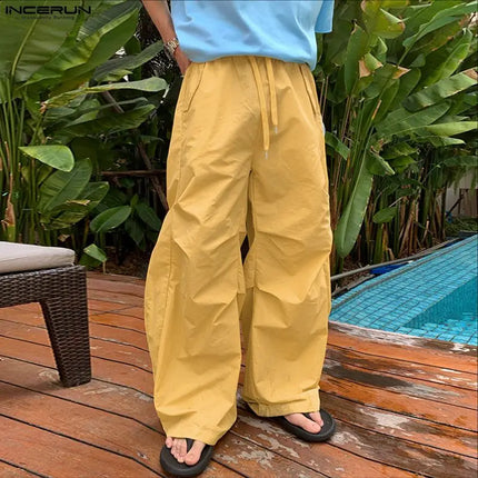 INCERUN Men's Pants Solid Color Drawstring Joggers Loose Casual Trousers For Man Streetwear 2026 Fashion Male Wide Leg Pants