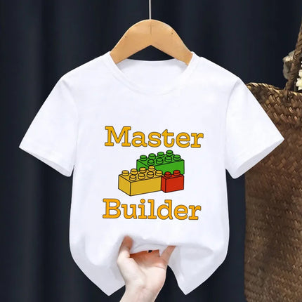Master Builder Blocks Building Print Cartoon Kids T shirt Girls Summer Tops Baby Boys Clothes Children Short Sleeve T-shirts