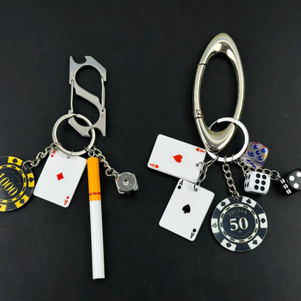 Handmade Style Casino Keychain with Dice Poker Chip Cigarette Charm Keyring for Men Streetwear Gift