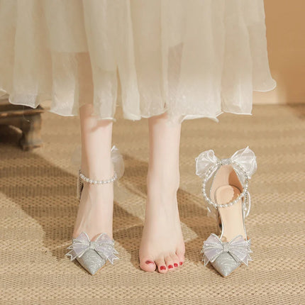 Spring Pointed Toe Party Wedding Shoes for Women, Bride Bow Thick Heel Silver Sequin Fairy Lolita Style Single Shoes