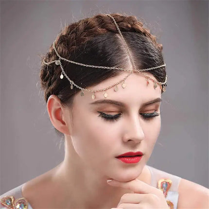 1PC Gold Chain Headpiece with Disc Charms, Boho-Style Hair Accessory, Elegant Head Chain for Festivals & Parties