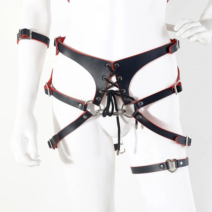 Red and Black One Piece Restraint Suit Leather Strap Outfit Knotted Uniform Sexy Lace Up Lingerie Women Accessories BDSM Product