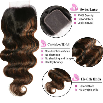 UNice Ombre Brown Highlights Body Wave 4x4 Lace Closure 1PC 100% Human Hair Closure Free Part